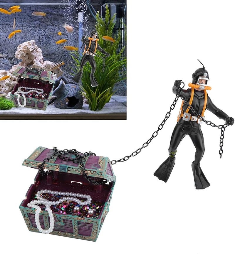 Aquarium Ornament Moving Frogman with Treasure Chest Fish Tank Decoration - Image 3